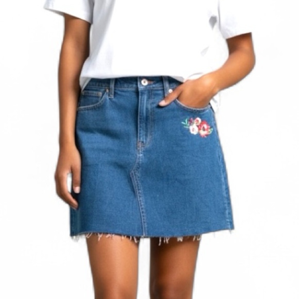 J. Crew Blue Denim Skirt with Floral Embroidery